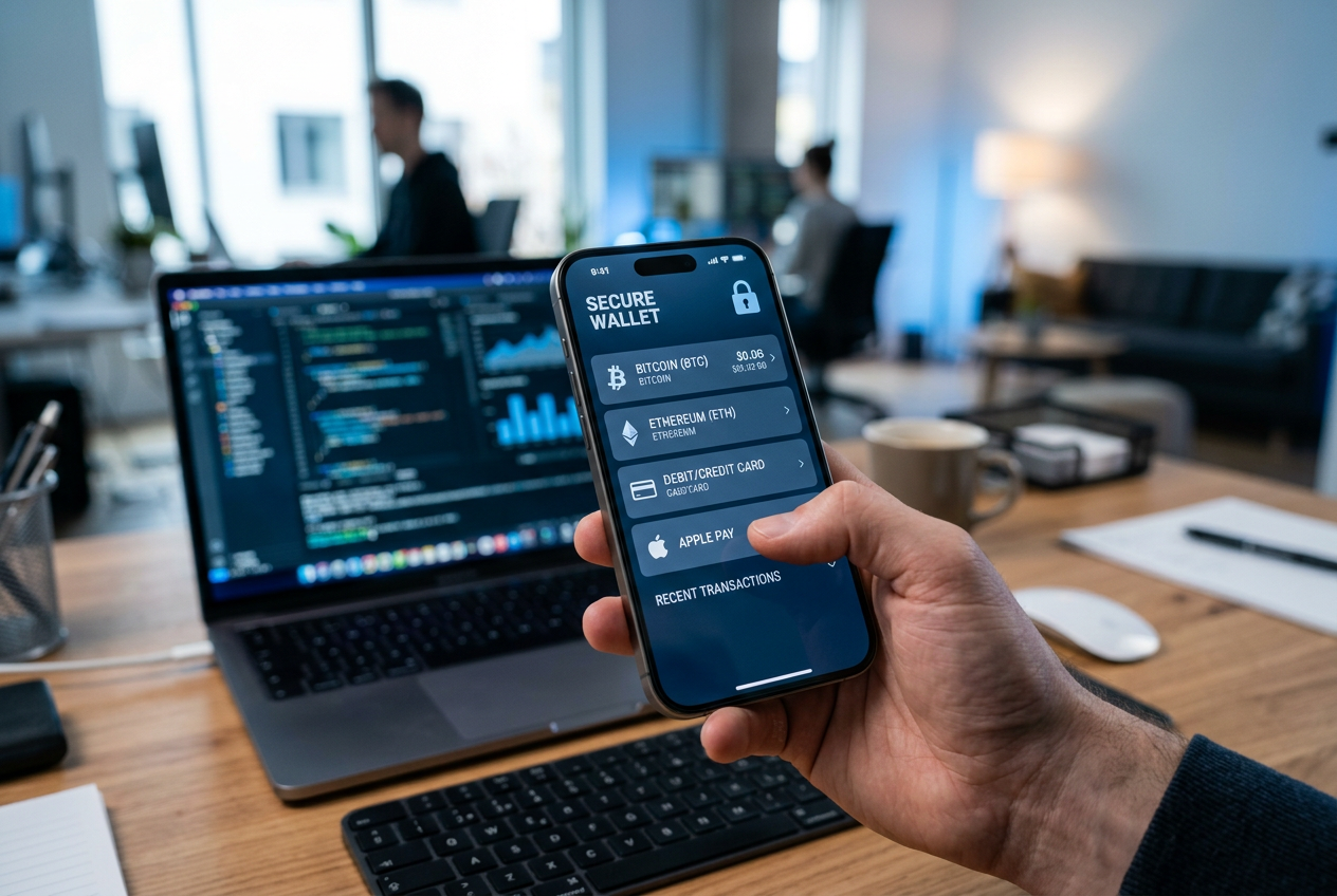 Smartphone displaying cryptocurrency and digital payment apps for online transactions.