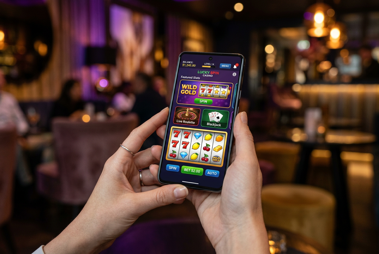 A person using a high-end smartphone to access a digital casino interface.